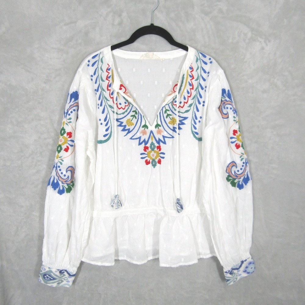 Forever That Girl Embroidered Peplum Blouse Size XL White Anthropologie Tassel